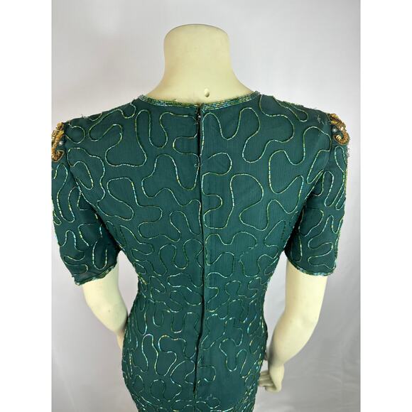 Vintage 90s Silk Cocktail Dress Fully Beaded Sequins Green size small petite - Picture 10 of 12